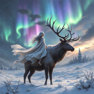 Primary subject: A woman riding a reindeer in a snowy environment.

Setting/background: The woman is riding the reindeer in a snowy field, with a sky full of colorful lights in the background.

Visual style: The image is a digital art illustration.

Colors and mood: The scene is set in a cold, snowy environment, with the woman dressed in white and the reindeer adorned with antlers. The sky is filled with vibrant